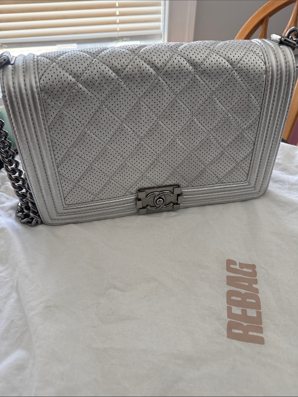 CHANEL Silver Quilted Boy Flap Crossbody Bag